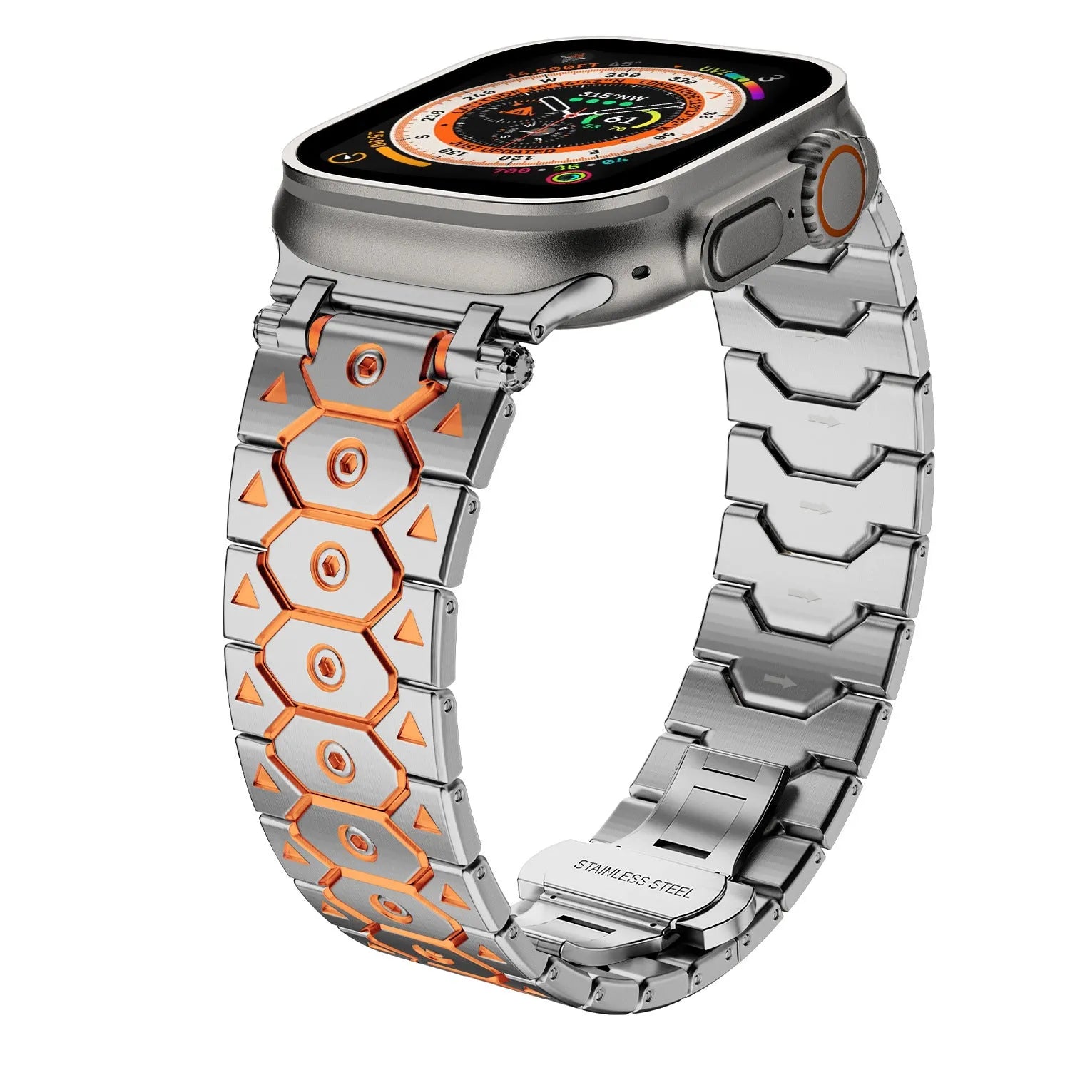 Stainless steel mesh watch strap shown in silver, compatible with iPhone watches, with adjustable clasp.