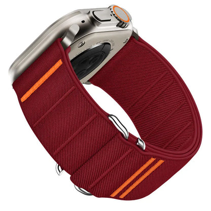 Elastic nylon watchband for Apple Watch with stainless steel buckle, shown in Army Green colour.