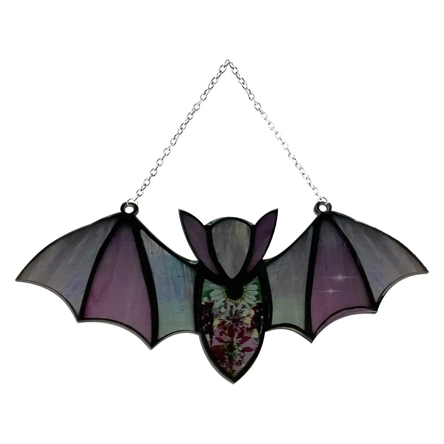 Acrylic bat-shaped wall pendant with modern art print, showing size and colour style options.
