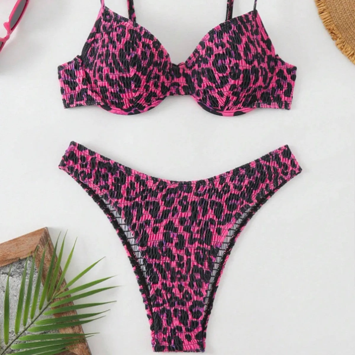 Leopard point bikini swimsuit in brown mixed colour with backless briefs style