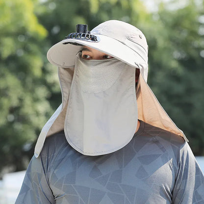 Men's khaki sun hat with built-in cooling fan and attached face covering neck shawl for outdoor protection.