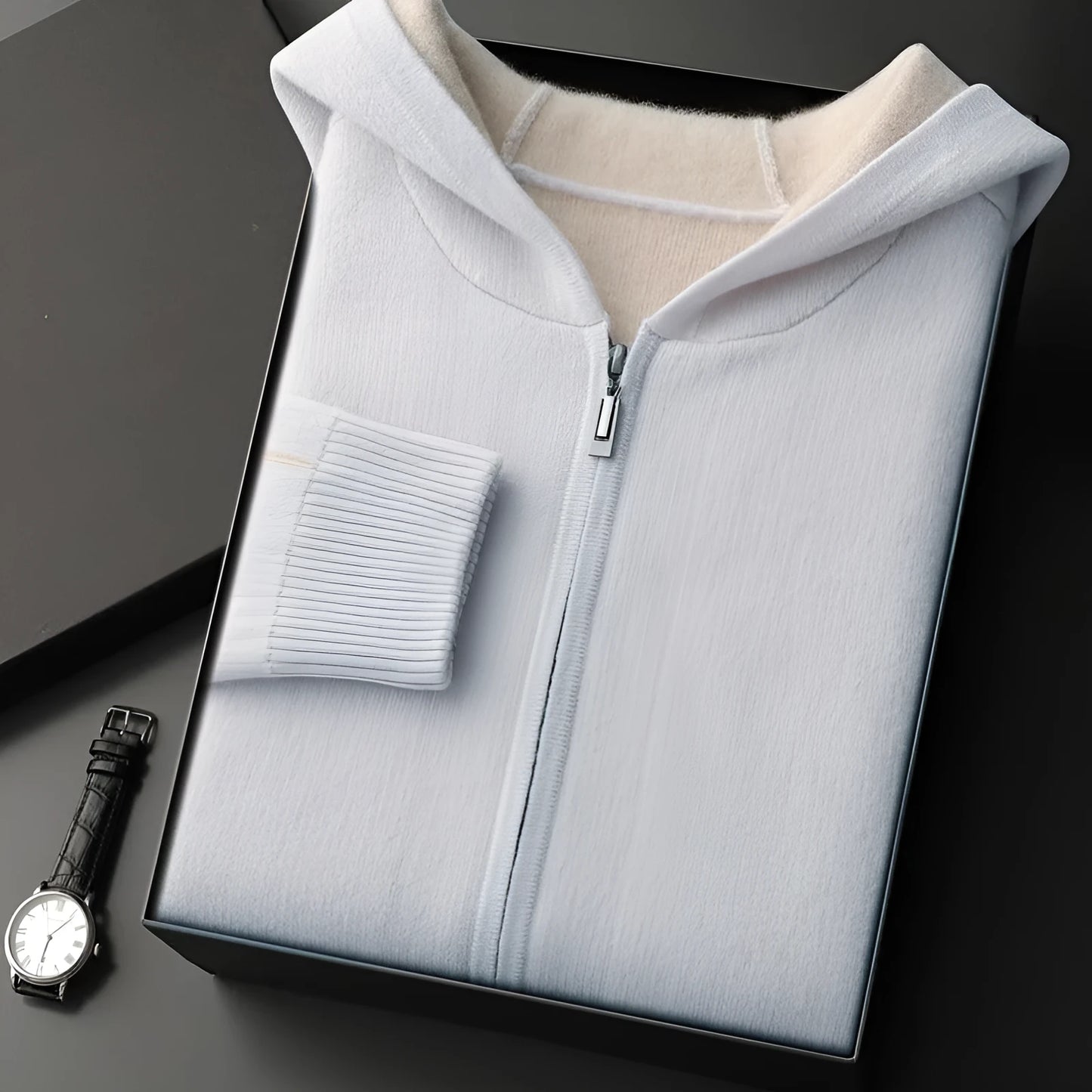 Men's dark blue half-high collar zip cardigan sweater with loose fit and long sleeves