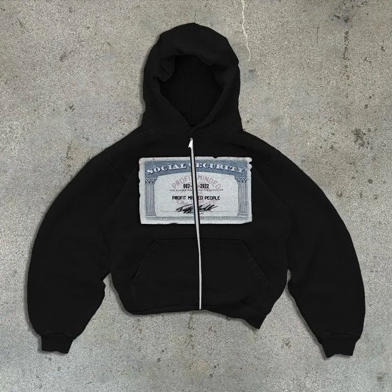 Unisex loose fit zip hoodie jacket with letter pattern and zippered pockets in black colour