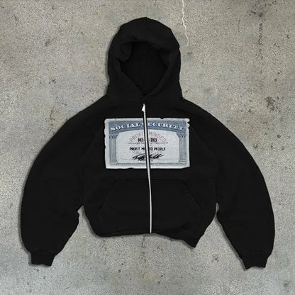 Unisex loose fit zip hoodie jacket with letter pattern and zippered pockets in black colour