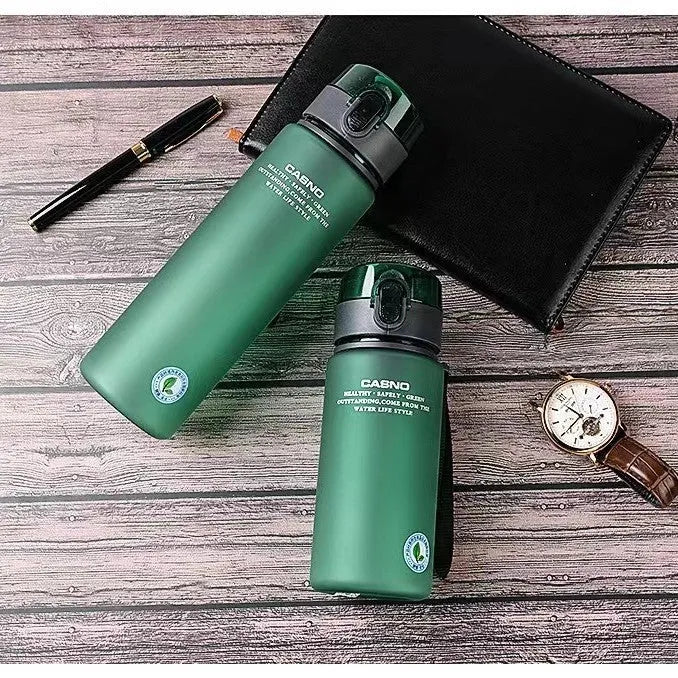 PC sports water bottle with lanyard in frosted finish colours showing leak-proof seal