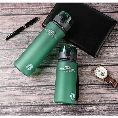 PC sports water bottle with lanyard in frosted finish colours showing leak-proof seal