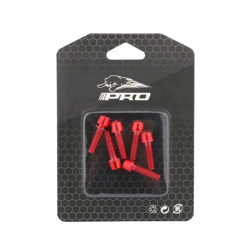 Set of six coloured stainless steel mountain bike handlebar fixing screws on a card.