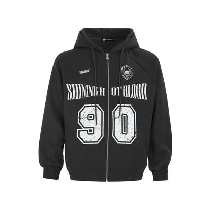Women's loose hooded cardigan jacket with retro letter embroidery in cotton blend fabric