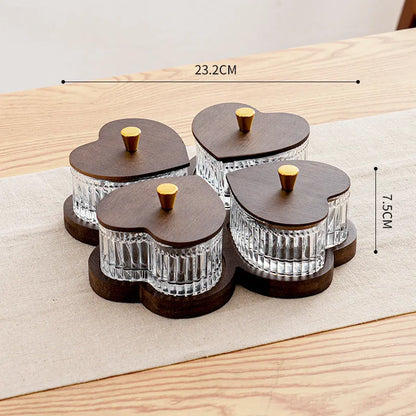 Transparent glass fruit platter with heart-shaped lid in 2-grid, 3-grid, 4-grid, and 5-grid tray options.