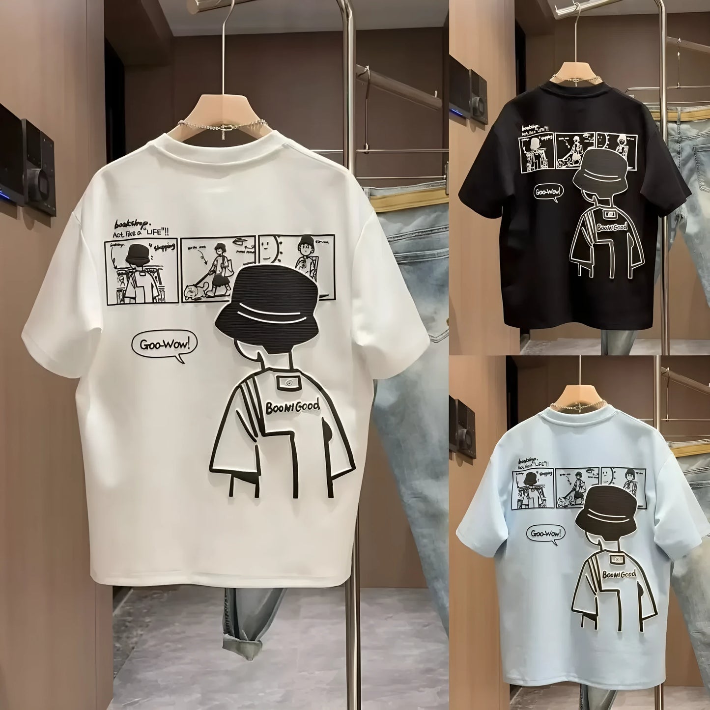 Men's black cotton short sleeve T-shirt featuring a cartoon print design on the front.