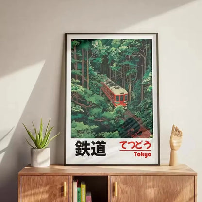 Retro Japanese landscape canvas art poster depicting a railway scene, frameless and in Nordic style.