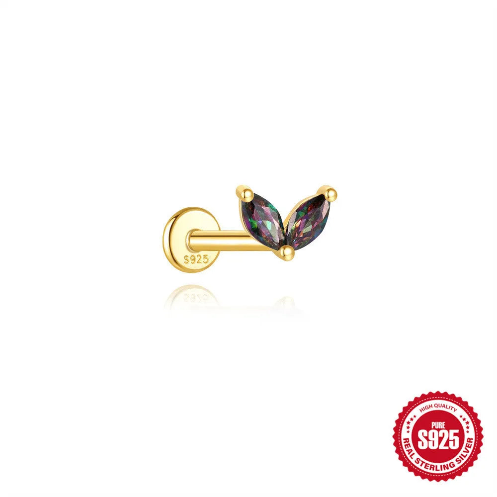 Sterling silver flat head thread piercing earrings with geometric shape and rainbow stone detail
