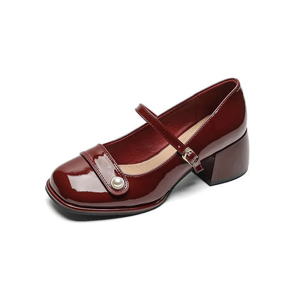 Women's patent leather chunky heel pumps with square toe and buckle fastening in three colour options