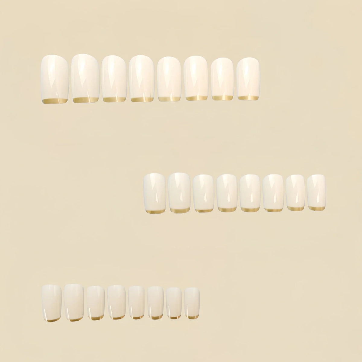 Mid-length European square nail art patches with white French tip and golden edge detail, 24-piece reusable set