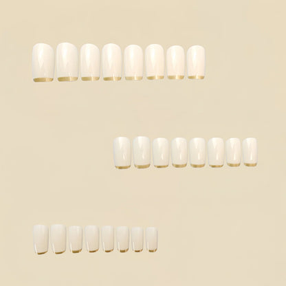 Mid-length European square nail art patches with white French tip and golden edge detail, 24-piece reusable set