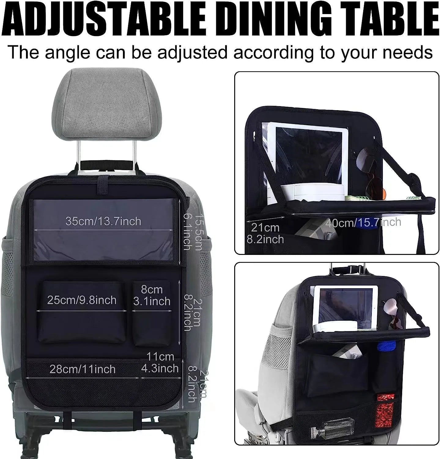 Black Oxford cloth car seat back storage bag with multiple hanging pockets, 42x30cm dimensions