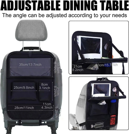Black Oxford cloth car seat back storage bag with multiple hanging pockets, 42x30cm dimensions