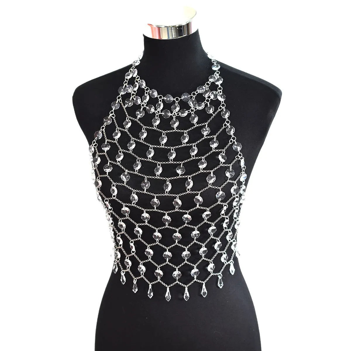 Clear acrylic crystal sequins body chain draped as a chest necklace.