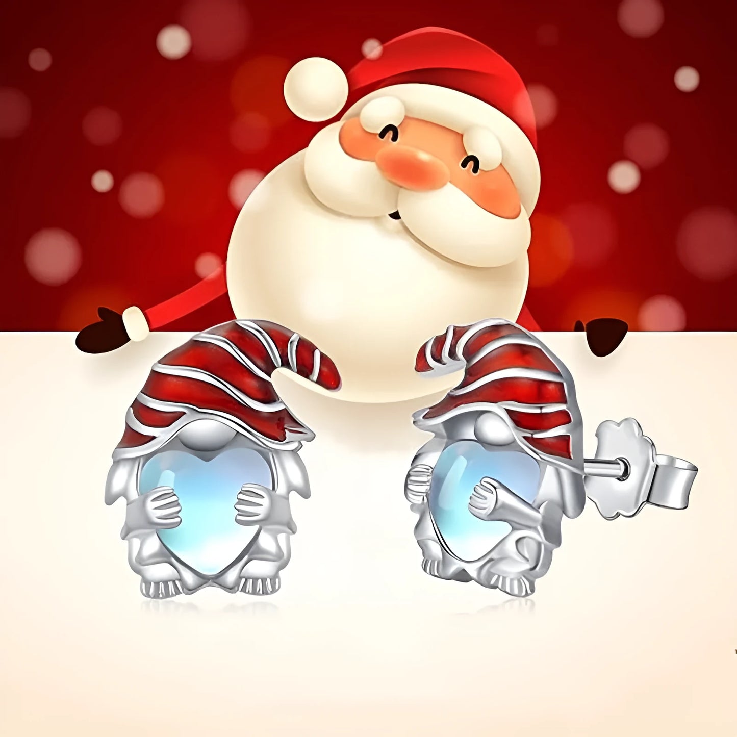 Santa Claus heart-shaped earrings in white gold colour on copper background