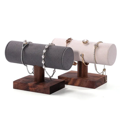 Walnut antique I-shaped wooden bracelet display stand with choice of velvet, leather or grey cylinder bases