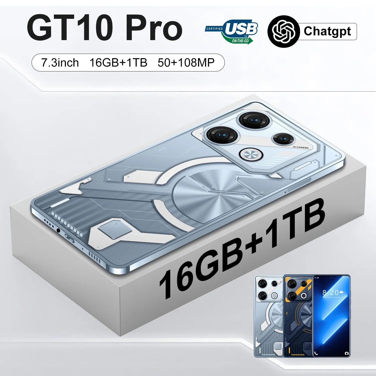 GT10 Pro Android smartphone in Blue or Silver with straight plate design and 4000mAh+ battery