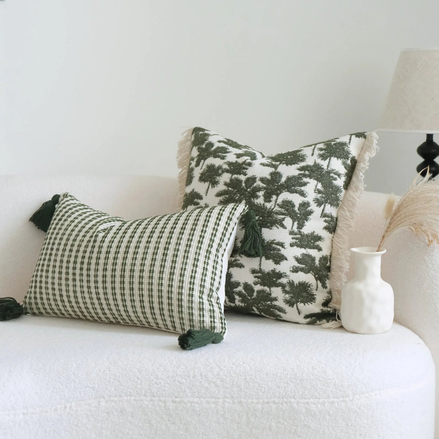 Green cotton and linen tassel pillow with silk floss filler in striped and leafy patterns, sizes 30x50cm to 50x50cm