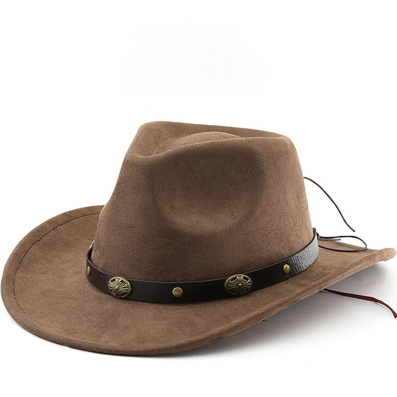 Brown leather velvet Western cowboy hat with curved brim and conical crown