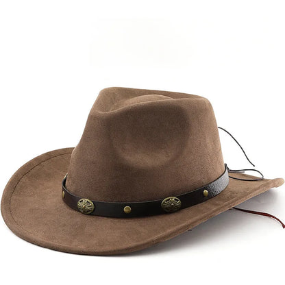 Brown leather velvet Western cowboy hat with curved brim and conical crown