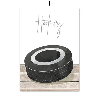 Cartoon illustration of football, basketball and baseball tools on a canvas wall poster for a child's bedroom.