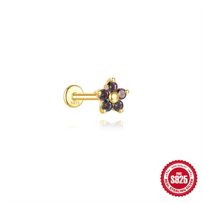 Sterling silver flat head thread piercing earrings with geometric shape and rainbow stone detail