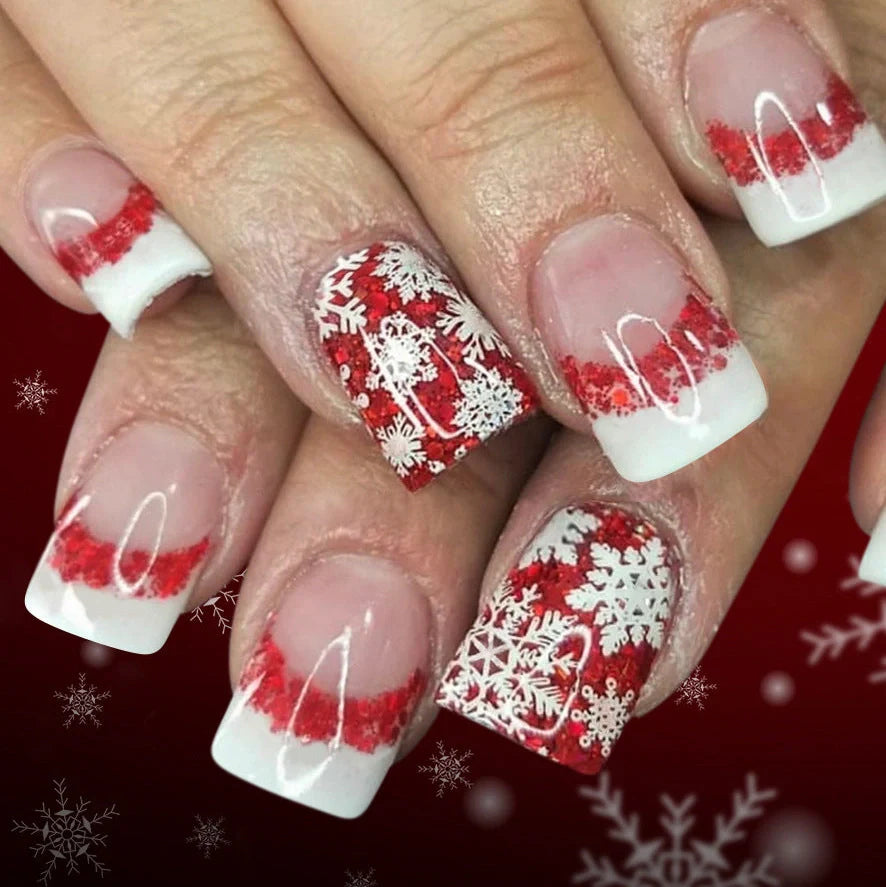 Short glossy square false nails with white French tips for Christmas manicures