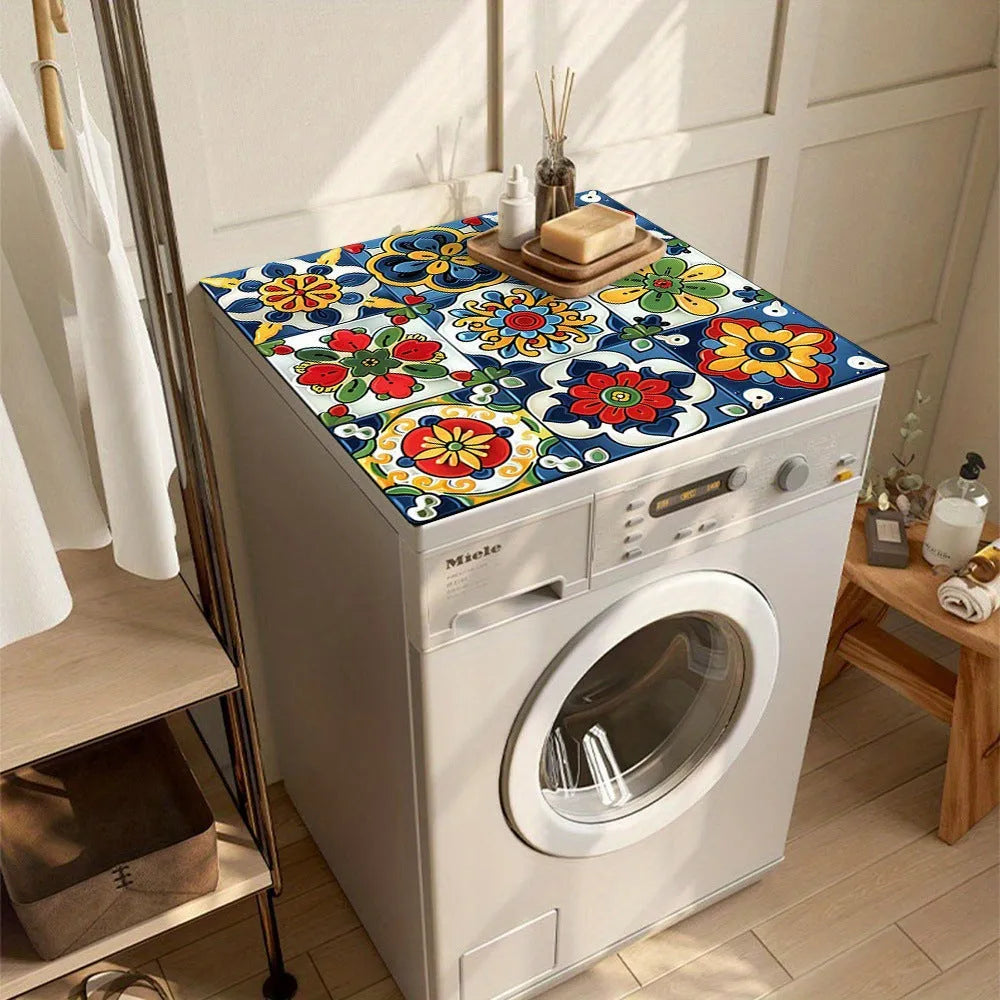 Square polyester washing machine mat with an abstract printed pattern, shown in one of eight available styles.