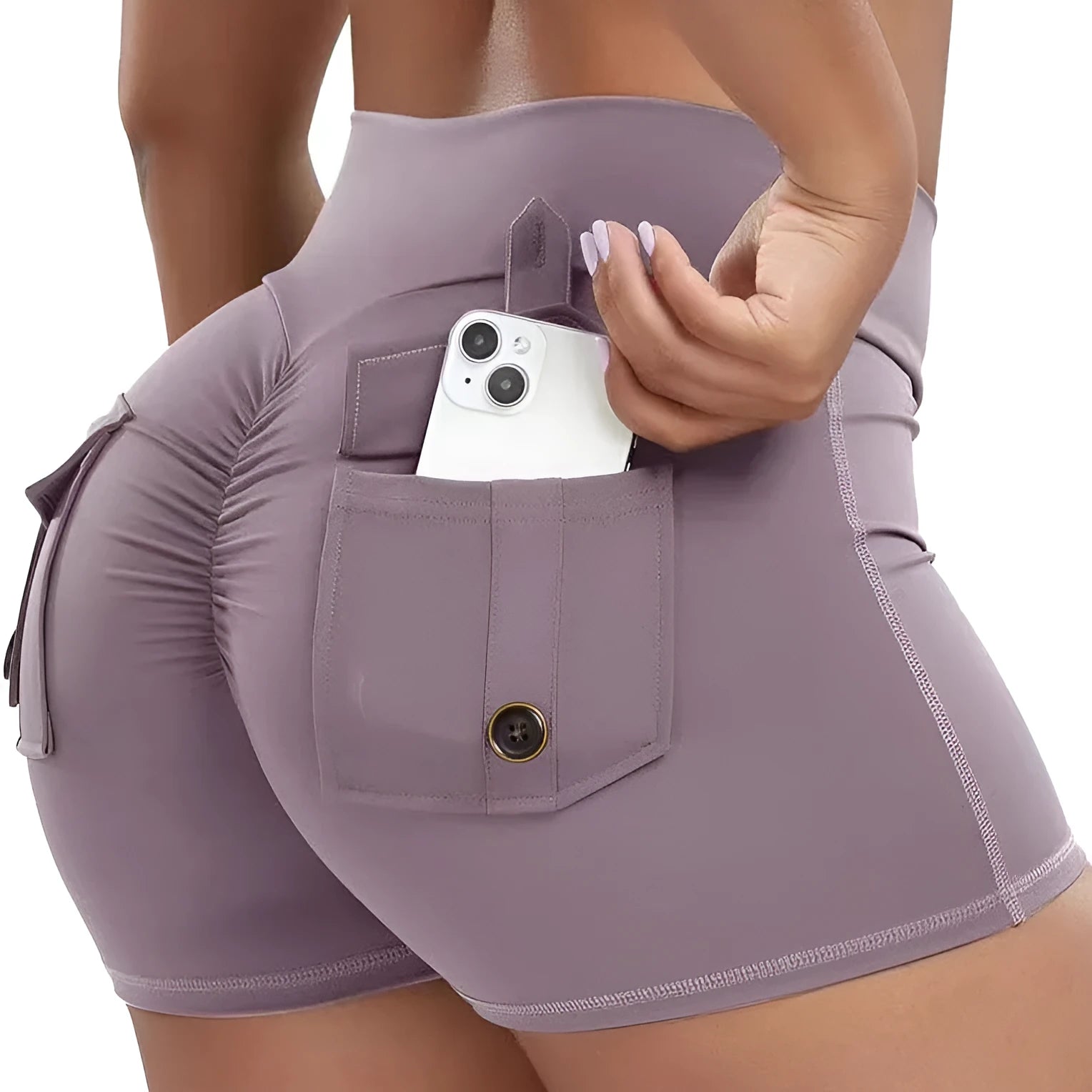 Grey women's tight-fit nylon workout shorts for running and yoga.