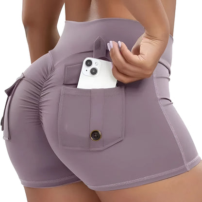 Grey women's tight-fit nylon workout shorts for running and yoga.