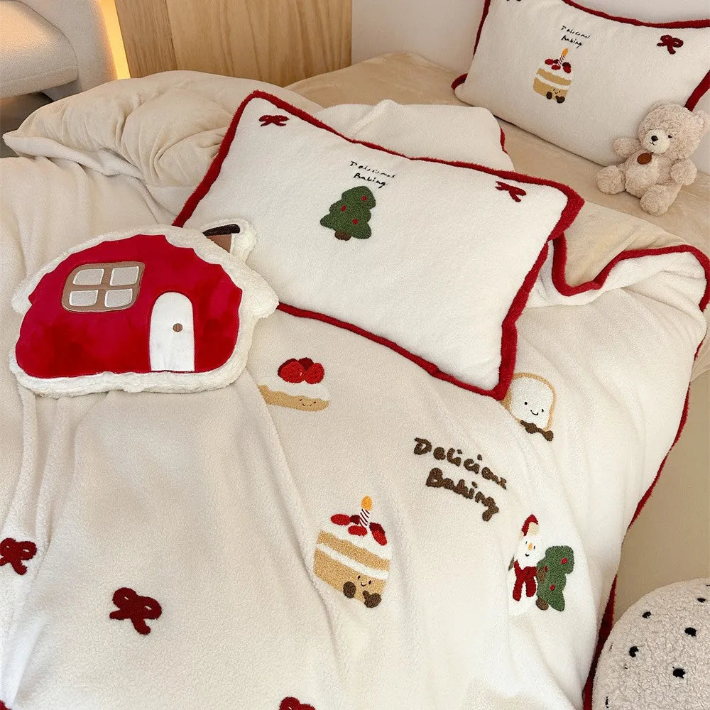 Winter Christmas cartoon four-piece bedding set with bed sheet, duvet cover, and pillowcases in polyester material