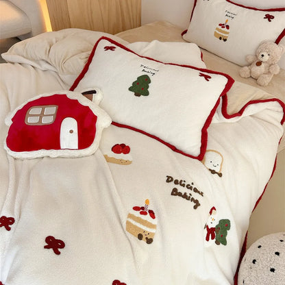 Winter Christmas cartoon four-piece bedding set with bed sheet, duvet cover, and pillowcases in polyester material
