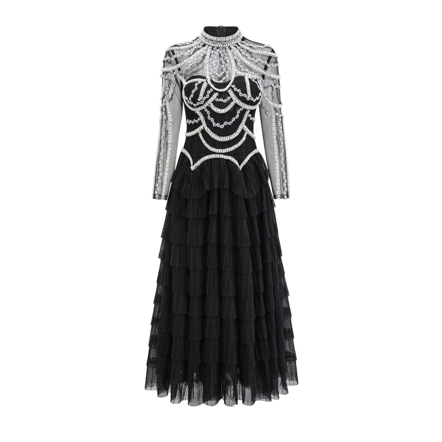 Black long sleeve beaded dress for women with 3D decoration and mid-waist fit.
