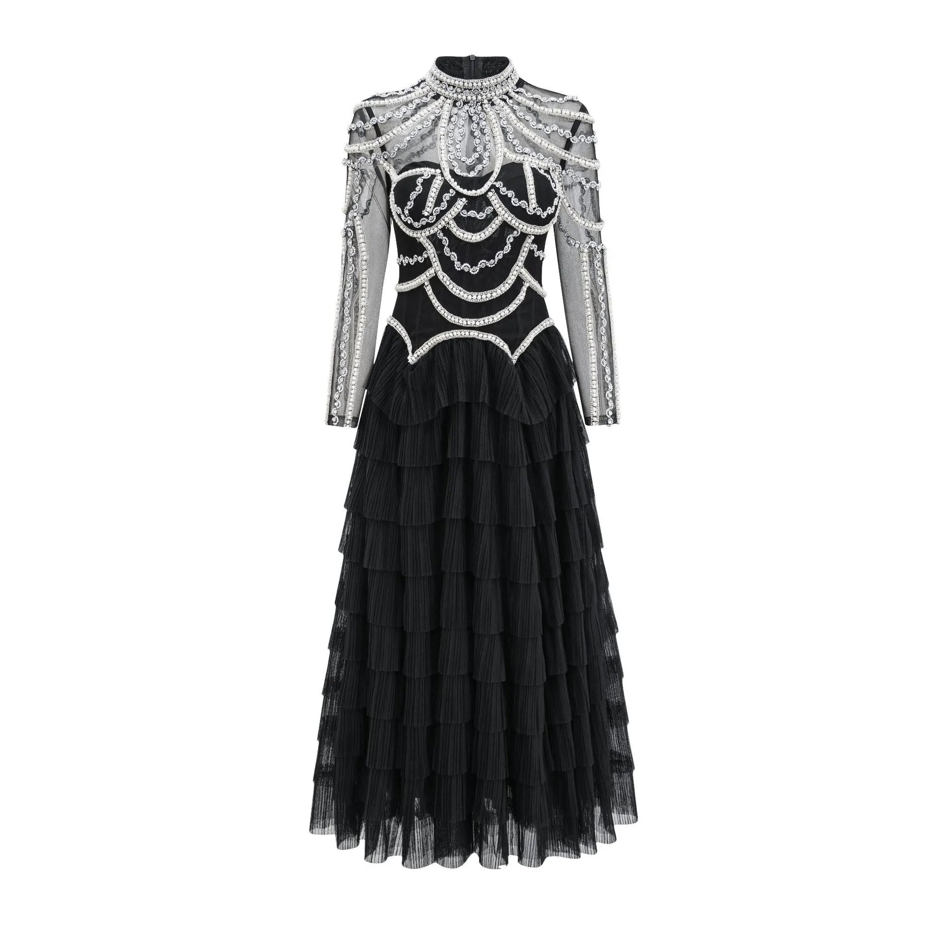 Black long sleeve beaded dress for women with 3D decoration and mid-waist fit.