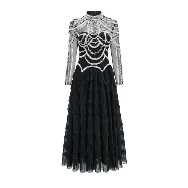 Long Sleeve Beaded Dress for women, crafted from polyester with mid-waist fit and three-dimensional beaded decoration, available in black and pink colours in sizes S, M, L, XL, and XXL, suitable for adult females seeking a long skirt with regular sleeves.