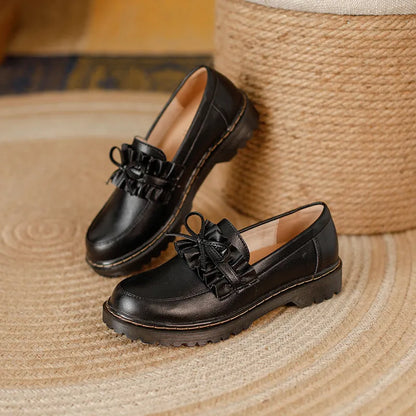 Black and brown women's leather shoes with round toe and chunky flat heel