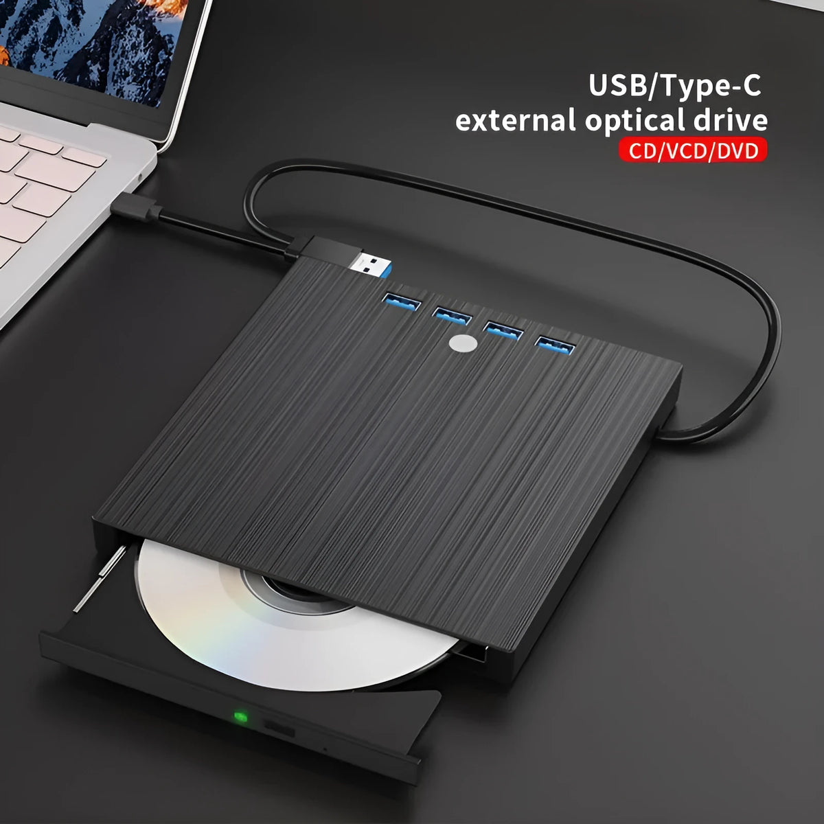 Black external DVD burner with USB Type-C interface, tray loading, 8MB cache and 0.36kg plastic body