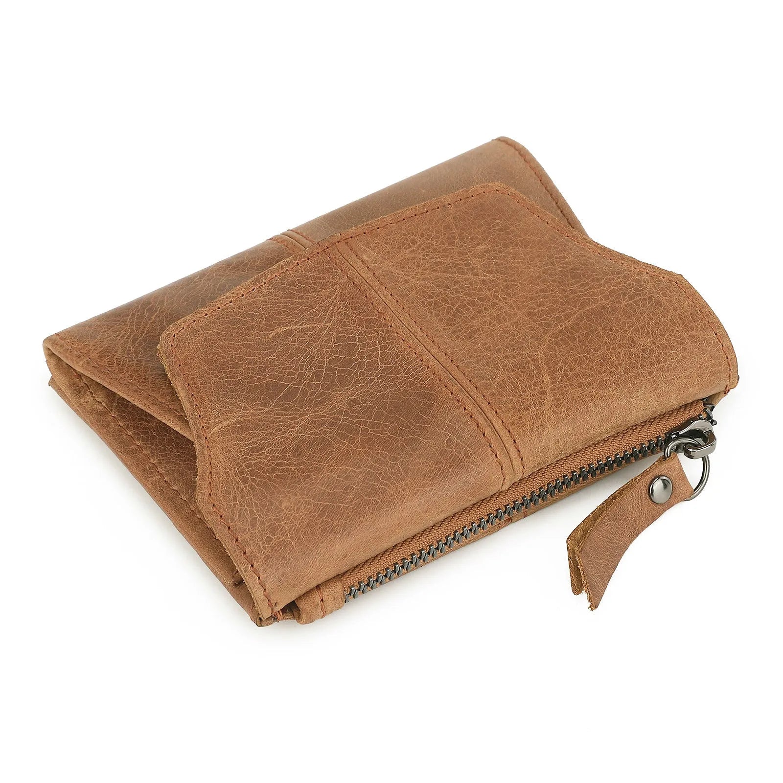 Men's brown genuine leather coin purse with a metal lock and decorative stitching in a retro style.
