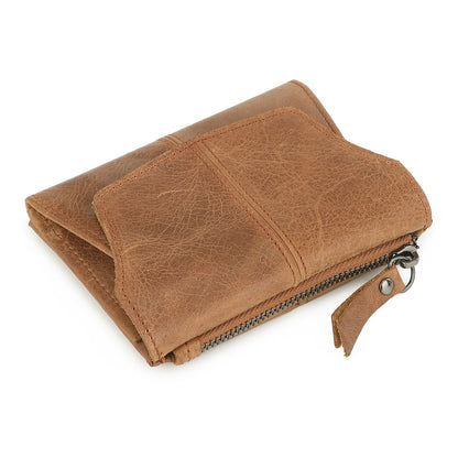 Men's brown genuine leather coin purse with a metal lock and decorative stitching in a retro style.