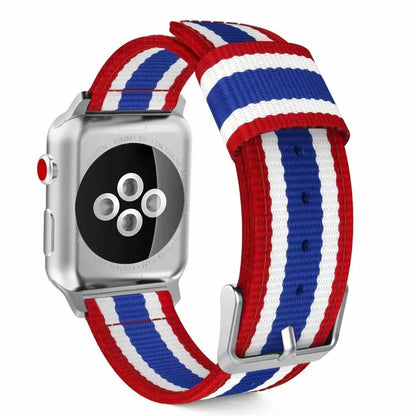 Split nylon watchband for Apple Watch in 38-49mm sizes with rainbow and striped colour options