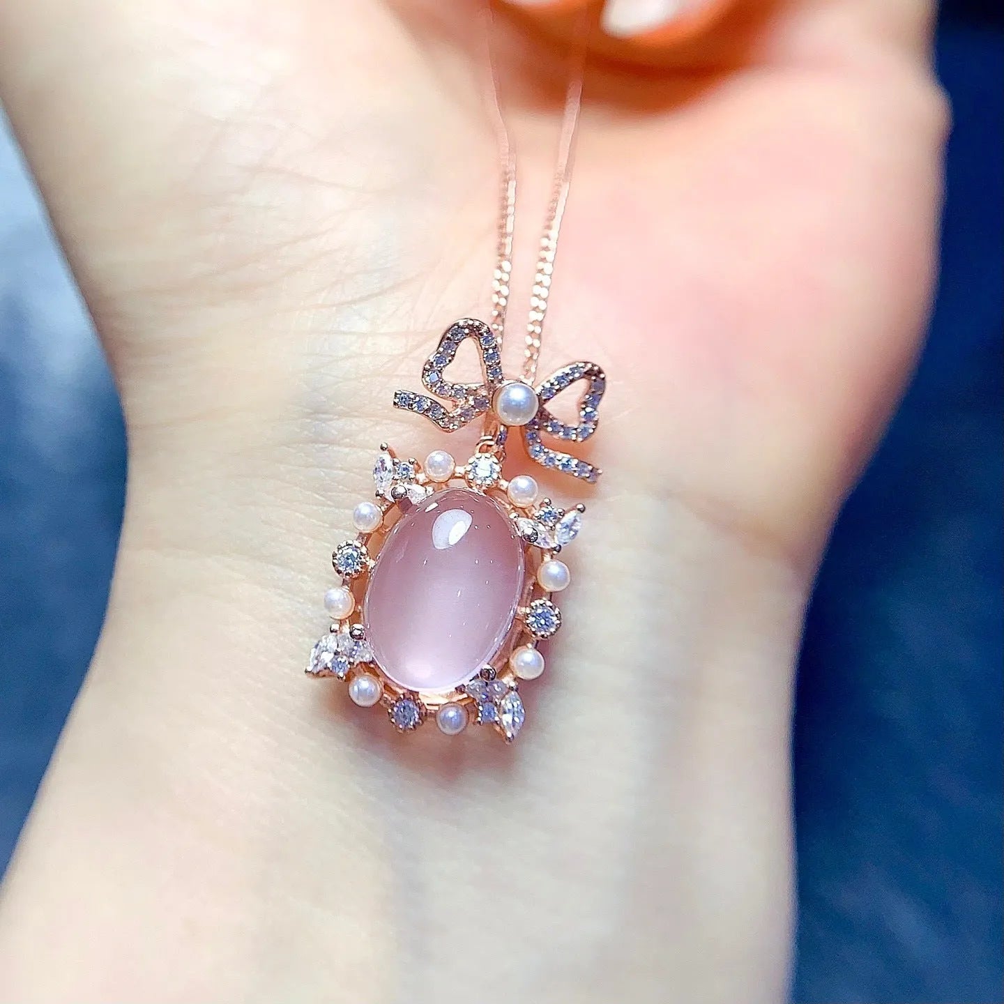 Natural pink rose quartz geometric pendant on 925 silver necklace with rose gold plating