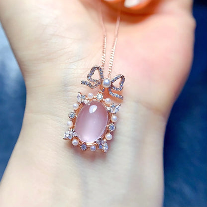 Natural pink rose quartz geometric pendant on 925 silver necklace with rose gold plating