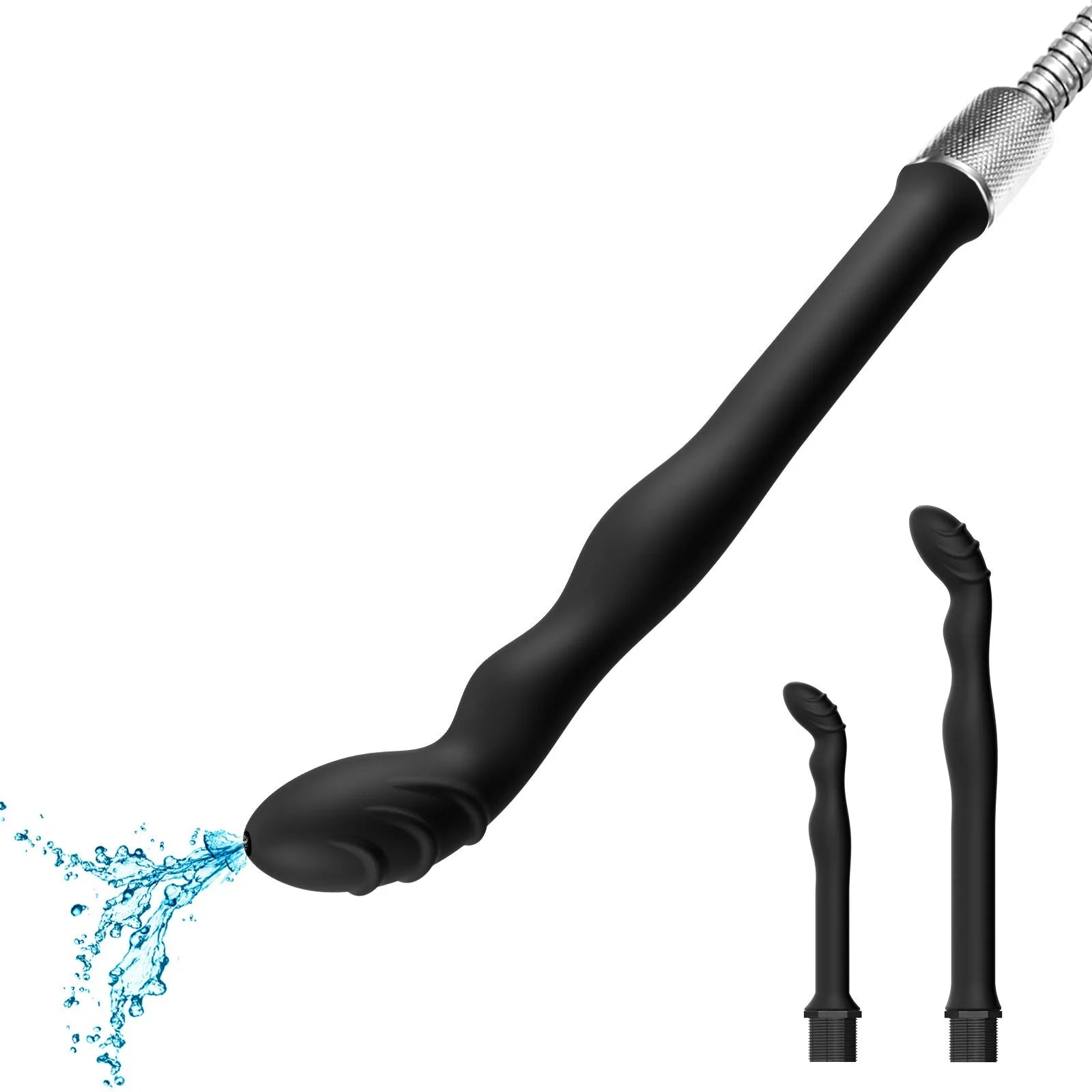 Black silicone hosepipe flusher with enema attachment for cleaning pipes in large and small sizes