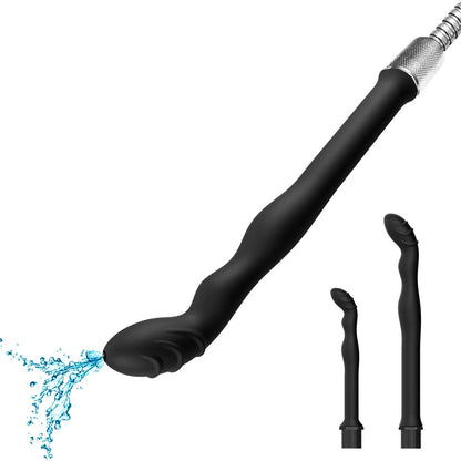 Black silicone hosepipe flusher with enema attachment for cleaning pipes in large and small sizes