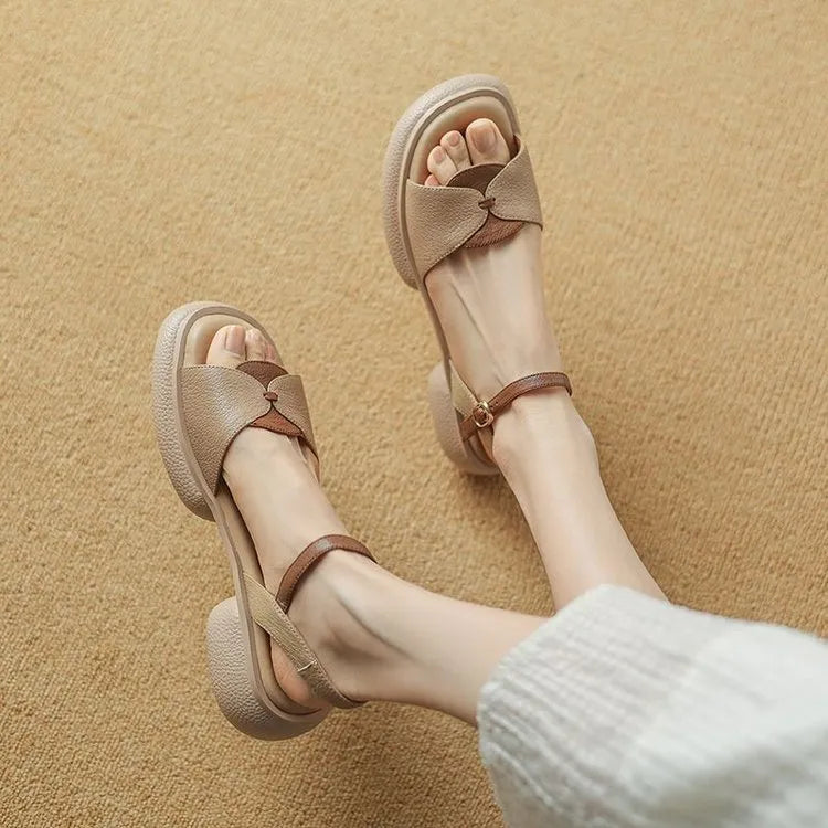 Women's sandals with a chunky heel and open toe platform design in renewable leather, available in khaki and milky white colours in sizes 35 to 40 for summer wear and casual outings