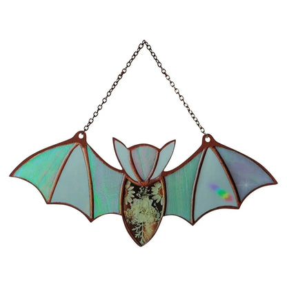 Acrylic bat-shaped wall pendant with modern art print, showing size and colour style options.